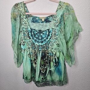 Energie Blouse Womens L Green‎ Blue Boho Top Flutter Sleeve Floral Forrest Fairy